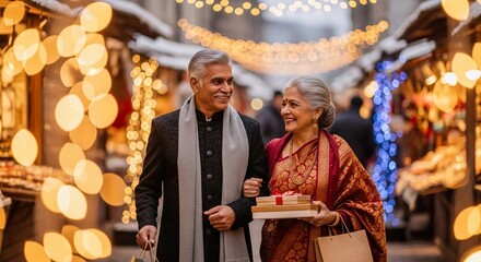 Indian Senior couple with gifts at Christmas market