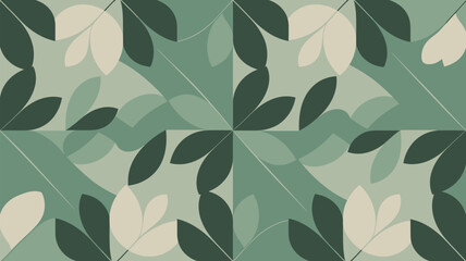 Abstract background with green and cream leaves arranged in a geometric pattern with a floral design