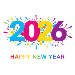 Happy new year 2026 colorful design with confetti isolated on transparent background for holiday greeting card or decoration