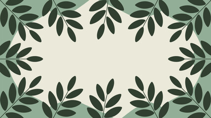 Botanical frame with dark green leaves and branches on a light green background with a light oval center