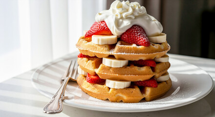 A stack of homemade waffles with fresh strawberries and bananas. Sweet breakfast dessert topped with whipped cream. Indulgent brunch food concept