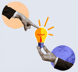 A conceptual art collage of a hand lighting up a bulb hold by another hand, symbolizing the birth of an idea, innovation, inspiration, and creative spark.