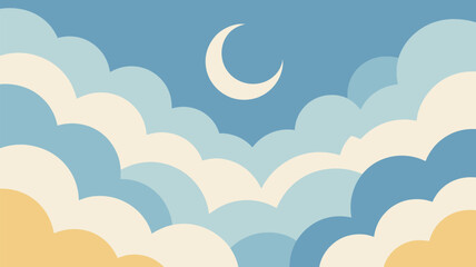 Illustration of a crescent moon in a blue sky with stylized clouds in various shades of blue and cream