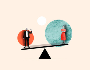 Man and woman standing on a seesaw. Concept of gender inequality and competition, balance, justice, and social contrast. Creative art collage.