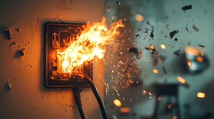Electrical outlet fire caused by overload or short circuit, showing sparks, flames, and destruction representing electrical hazards, home safety risk, fire prevention, and power surge danger in househ