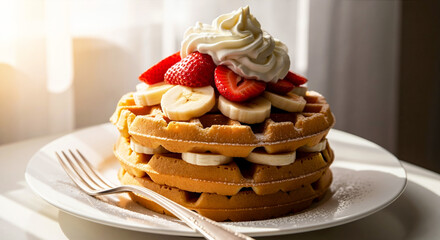 A stack of Belgian waffles with fresh strawberries, bananas, and whipped cream. Sweet breakfast or dessert meal on a white plate