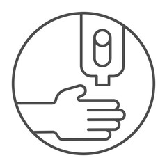 Hand and liquid soap thin line icon, hand washing concept. Vector graphics. Soap in container with button sign on white background, outline style icon for mobile or web design.