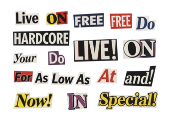 Collage of cut out newspaper letters spelling out various words and phrases isolated on transparent background. ideal for ransom newspaper note
