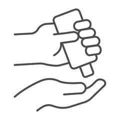 Palm and bottle of antiseptic thin line icon, washing hands concept. Vector graphics. Antiseptic jar in hand sign on white background, outline style icon for mobile or web design.