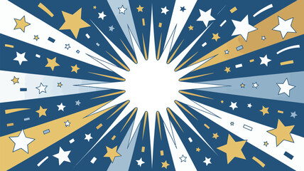 A burst of radiating lines and stars in blue, gold, and white creating a dynamic and festive background