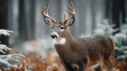 Majestic White-tailed Deer Buck in Snowy Winter Forest Portrait