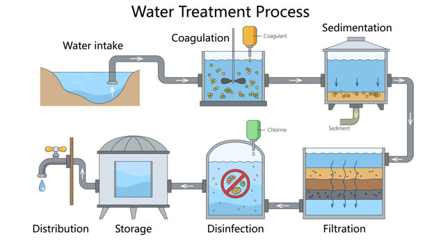 stages of water treatment including intake, coagulation, sedimentation, filtration, disinfection, storage, and distribution diagram hand drawn schematic vector. Science educational illustration