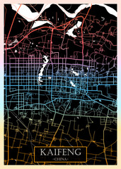 Kaifeng China City Map. Downtown printable banner, travel destination Landmarks travel city landscape, map illustration print cities city travel, illustration painting destination, city banner