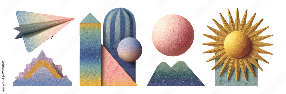 Wall mural colorful geometric shapes and objects on transparent background for design