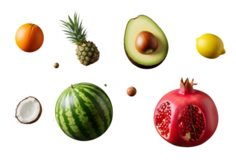A vibrant assortment of fresh fruits including citrus, tropical and seeded varieties isolated on transparent background