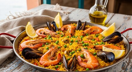 Traditional Spanish seafood paella with shrimp and mussels. Classic rice dish in a pan on a rustic wooden table. Authentic Mediterranean cuisine