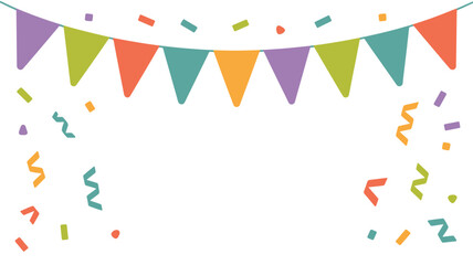 A festive banner with colorful pennants and confetti scattered on a white background celebration design