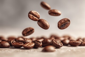 Naklejka premium Floating Coffee Beans Above a Surface in a Close-Up Shot