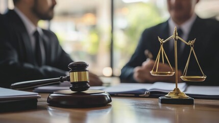 Close-up of gavel and justice scale with two lawyers discussing documents in background, symbolizing law, legal consultation, 