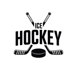 Ice hockey logo and vintage poster design with crossed cues for professional team, tournament branding, and athletic club emblem vector set