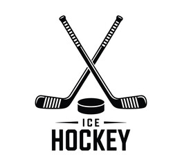 Ice hockey logo and vintage poster design with crossed cues for professional team, tournament branding, and athletic club emblem vector set