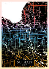 Suqian China City Map. Downtown printable banner, travel destination Landmarks travel city landscape, map illustration print cities city travel, illustration painting destination, city banner