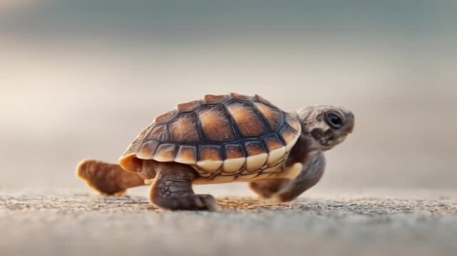 Close-up of a baby turtle walking across a textured surface in soft, warm lighting