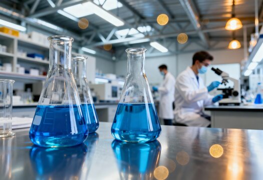 Blue liquid-filled glass flasks in a modern laboratory with scientists working with microscopes for research and chemical analysis.