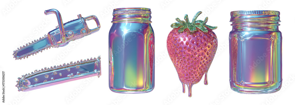 Wall mural colorful isolated objects on transparent background featuring strawberry and chainsaw
