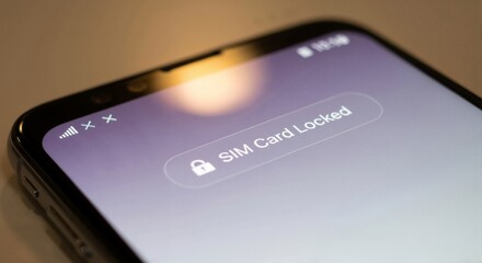 Smartphone screen with a SIM card locked notification. Mobile phone security alert and network access problem. Privacy and protection concept