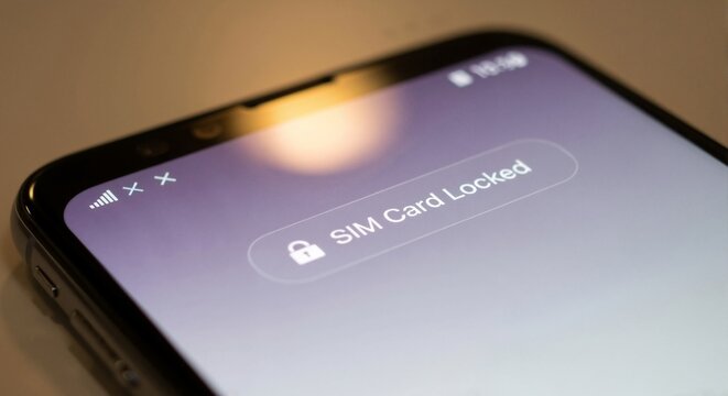 Smartphone screen with a SIM card locked notification. Mobile phone security alert and network access problem. Privacy and protection concept