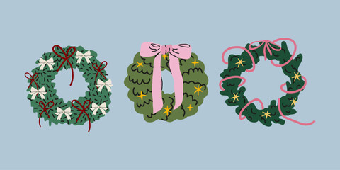 Christmas door wreath set in cartoon doodle style. Festive wreath with bow ribbon for winter holiday decoration. Xmas holiday elements. Seasonal vector illustrations © luamor