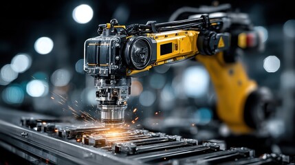 Fototapeta premium Automated Robotic Arm Welding Metal with Sparks in Factory Setting