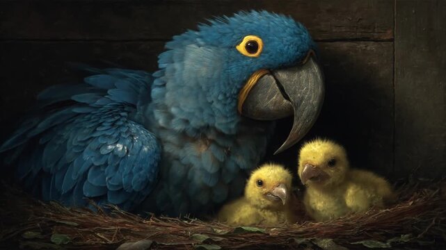 Blue parrot with two yellow chicks nesting on straw, dark wood background