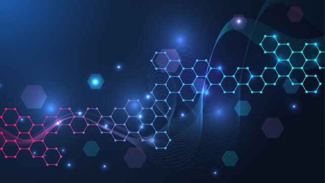 Health care or medical abstract background with hexagons, lines and dots. Scientific innovation banner template concept. Biology and pharmaceutical technology background. Vector illustration. - Powered by Adobe