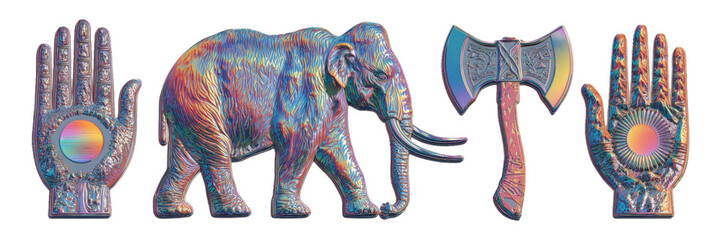Colorful Elephant and Axe with Hands in Artistic Style on Transparent Background