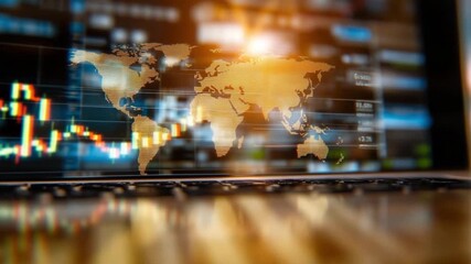 Global Financial Data on Laptop Screen: A close-up of a laptop displaying dynamic financial data and a world map, symbolizing global interconnectedness and the dynamic nature of markets. - Powered by Adobe