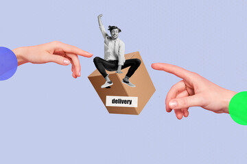 Full 3d zine pop trend image collage of happy girl guy stand delivery service shipment box hand distribution fast courier