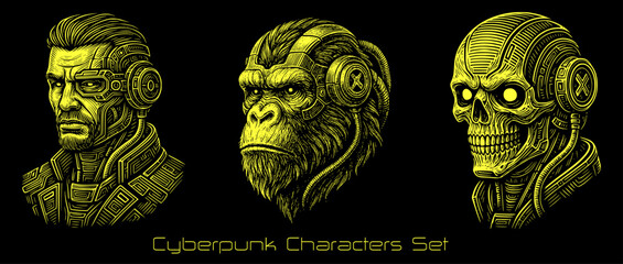 Futuristic Cyberpunk Vector Character Set &ndash; Human, Ape, and Skull Heads in Tech Style, ideal for tattoo, t-shirt, poster design, cyberpunk, robot, skull, ape, futuristic, neon, tech, brutal