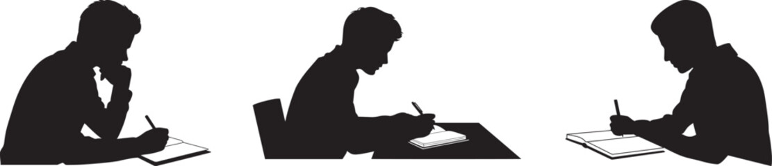 Student Silhouettes Writing Studying at Desk Education Concept Vector Set