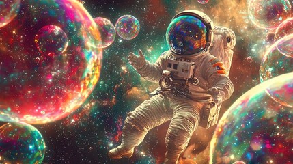 A cosmic pop art depiction of an astronaut floating among large, colorful bubbles, surrounded by a kaleidoscopic galaxy with rich, contrasting colors and surreal patterns.
