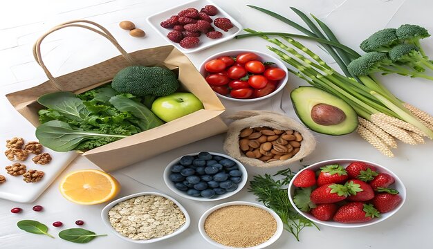 Healthy assortment of fresh fruits vegetables nuts and grains