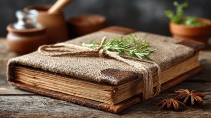 Fototapeta premium Old Herbal Book with Rosemary and Anise Stars on Rustic Wooden Table