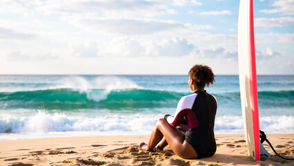 African American surfer in wetsuit relaxing on sandy beach, watching ocean waves with her surfboard.