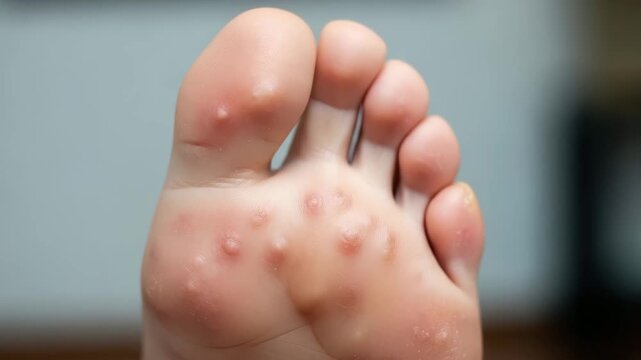 Plantar warts on the sole of a foot, caused by the human papillomavirus, a common viral infection of the skin
