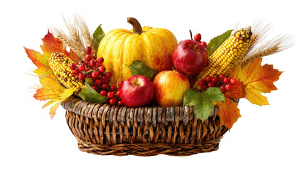 Autumn harvest basket with pumpkin apples corn berries and colorful fall leaves arrangement isolated on white background