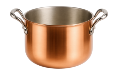 A polished copper pot with tin lining, ideal for even heating and quick sauteing.
