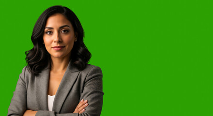 Confident businesswoman portrait on green screen with copy space.