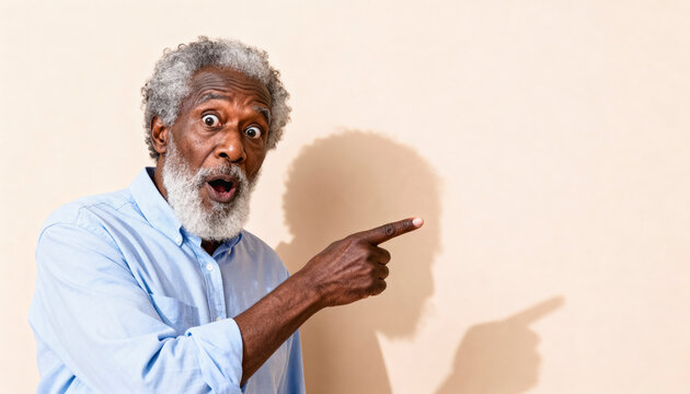 Surprised elderly african man pointing on beige background - emotion and expression concept for advertising