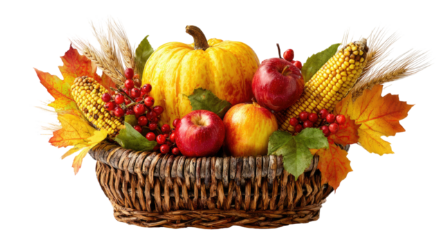 Autumn harvest basket with pumpkin apples corn berries and colorful fall leaves arrangement isolated on white background
